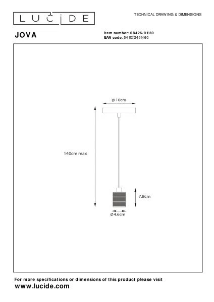 Lucide JOVA - Lámpara colgante - Ø 10 cm - 1xE27 - Negro - técnico